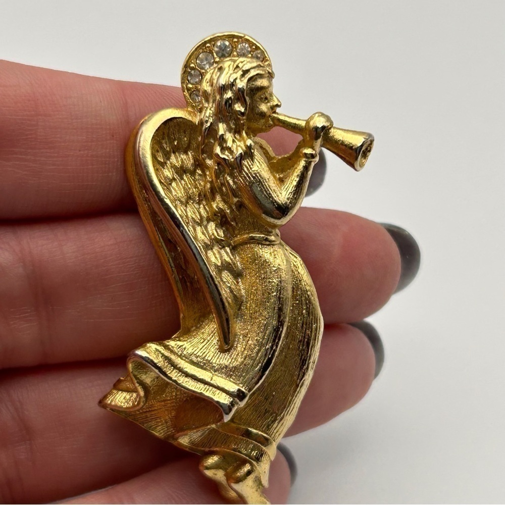 Vintage Gerry's Gold Tone Angel with Horn and Rhinestones Brooch